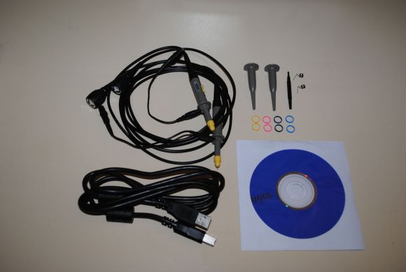 Close up of Rigol DS1052E accessories